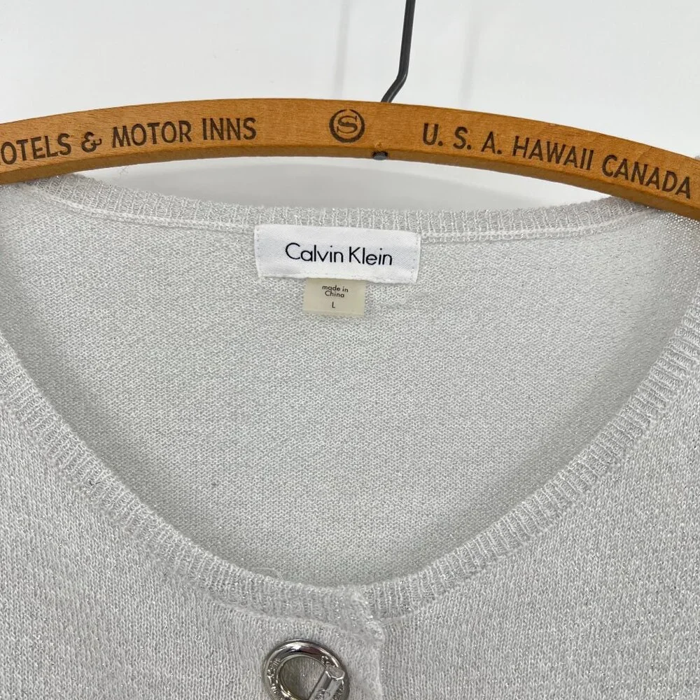 Metallic Cropped Sweater Large Calvin Klein Silver Knit Cardigan Toggle Buttons - Picture 2 of 7